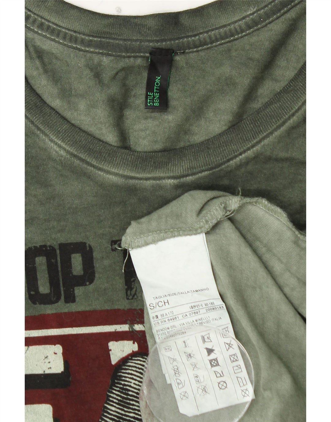 Męski top graficzny BENETTON z długim rękawem, mały, zielony, bawełniany