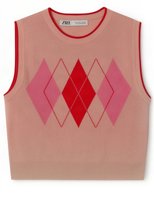 Damski podkoszulek Zara Crop Vest UK 8 Small Pink Argyle/Diamentowa wiskoza