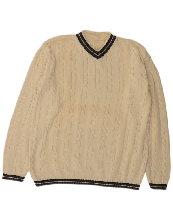 Sweter męski w stylu vintage z dekoltem w szpic, duży, beżowy, bawełniany