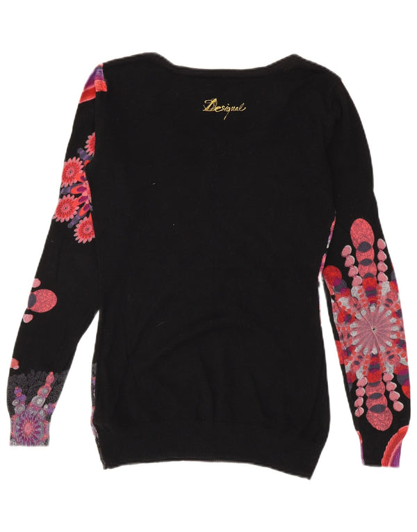 Damski sweter Desigual z graficznym dekoltem w łódkę UK 10, mały, czarny w kwiaty