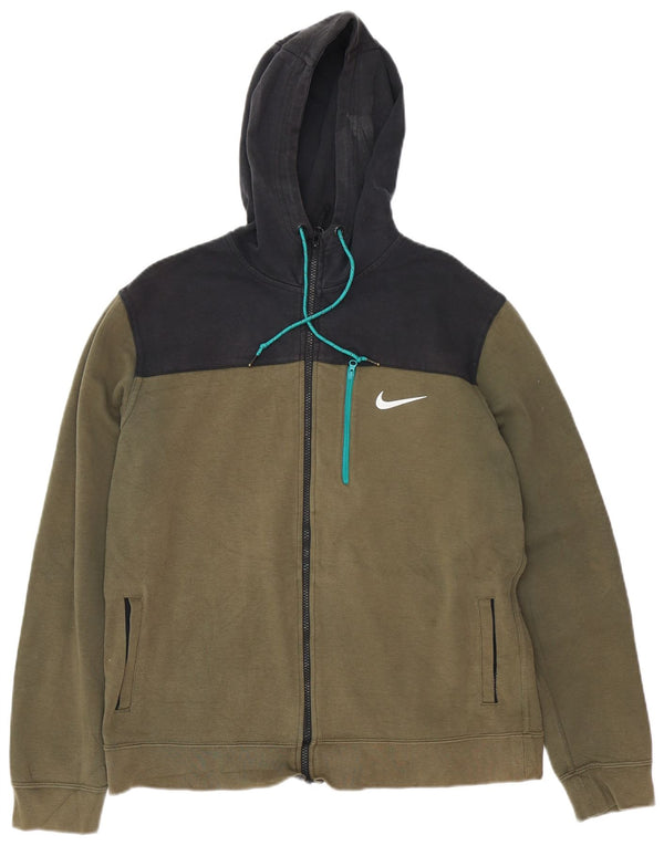 Nike Mens Zip Hoodie Sweater Large Khaki Colourblock Cotton