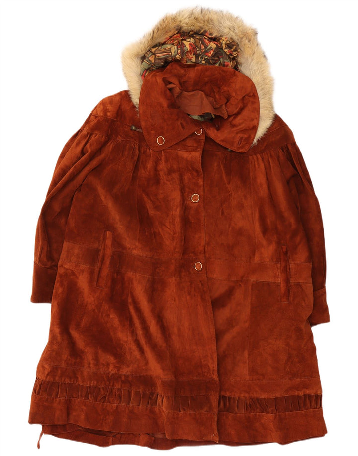 Vintage damski, oversize'owy, zamszowy płaszcz z kapturem UK 14, średniej wielkości brązowa skóra