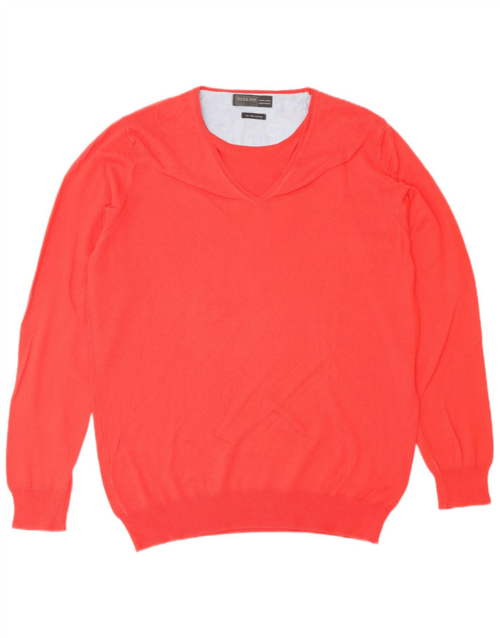 Męski sweter ZARA z dekoltem w kształcie litery V, duży, czerwony, bawełniany