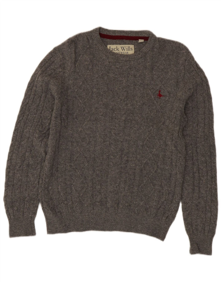 Jack Wills Męski sweter z okrągłym dekoltem, mały, szary, z wełny merynosów