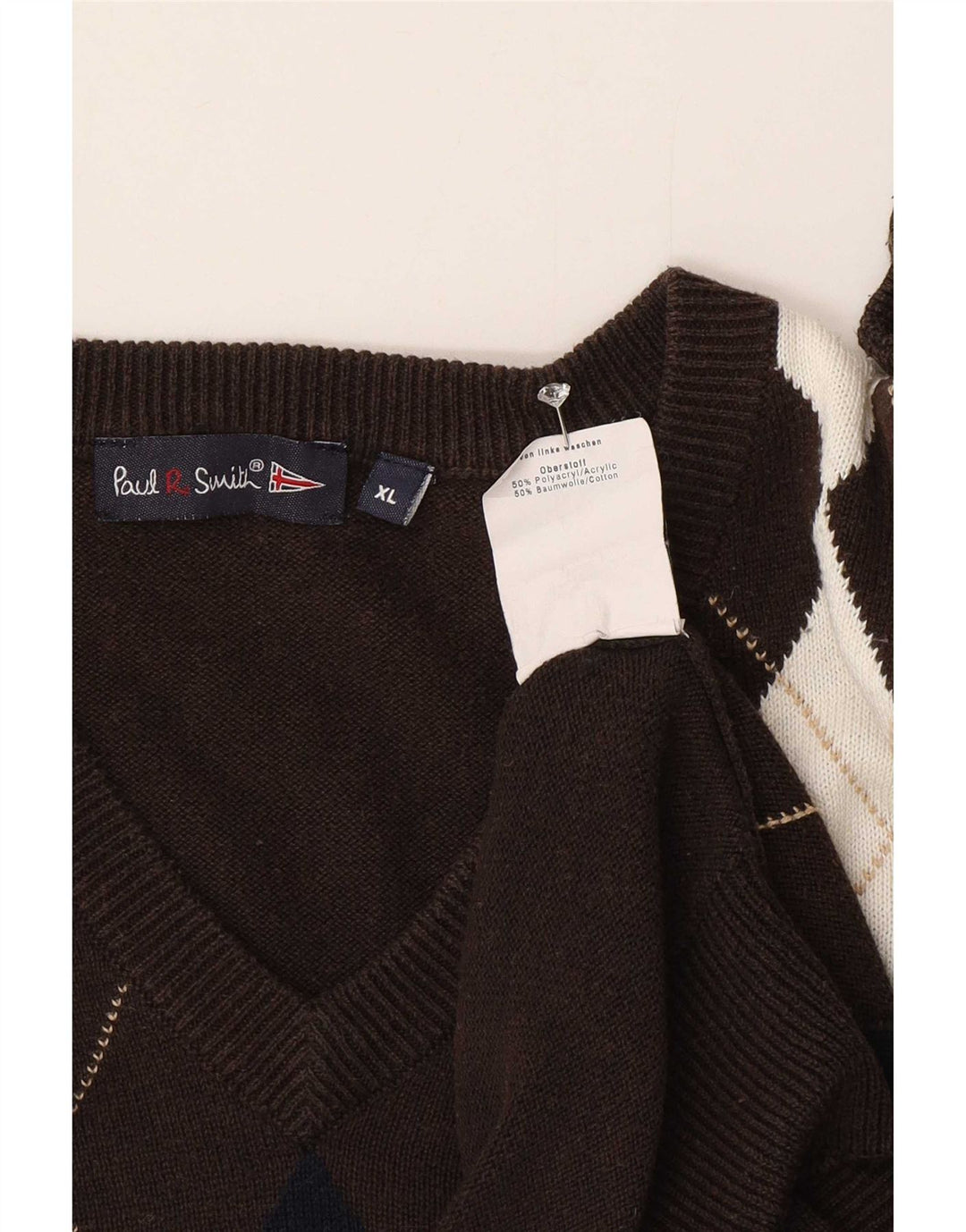 Męski sweter Paul Smith z dekoltem w kształcie litery V, XL, brązowy Argyle/Diament