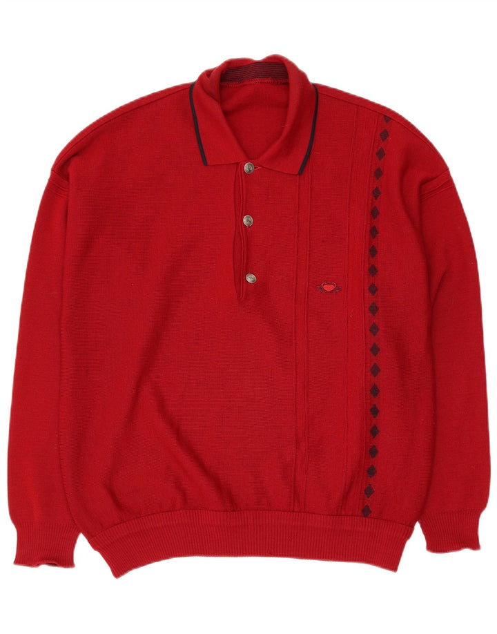 Vintage męski sweter z dekoltem w serek polo, średnio czerwony, geometryczny