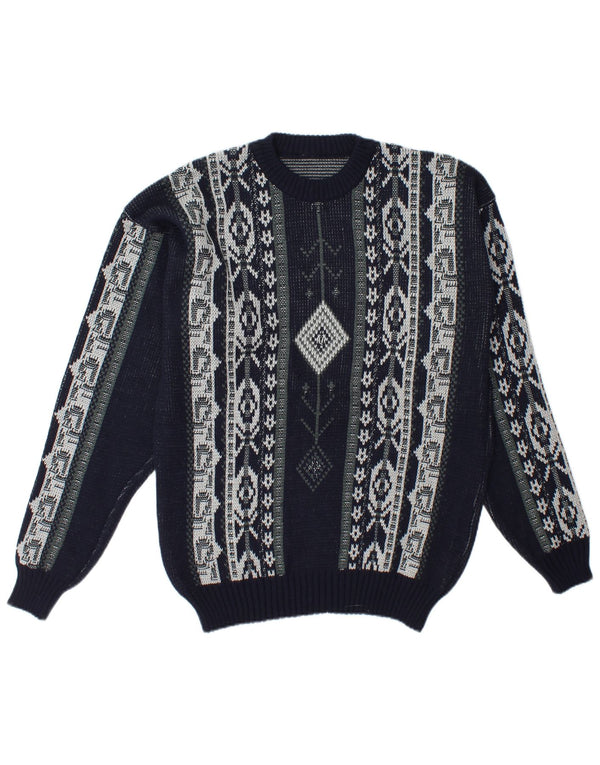 Vintage męski sweter z okrągłym dekoltem, duży granatowy Fair Isle