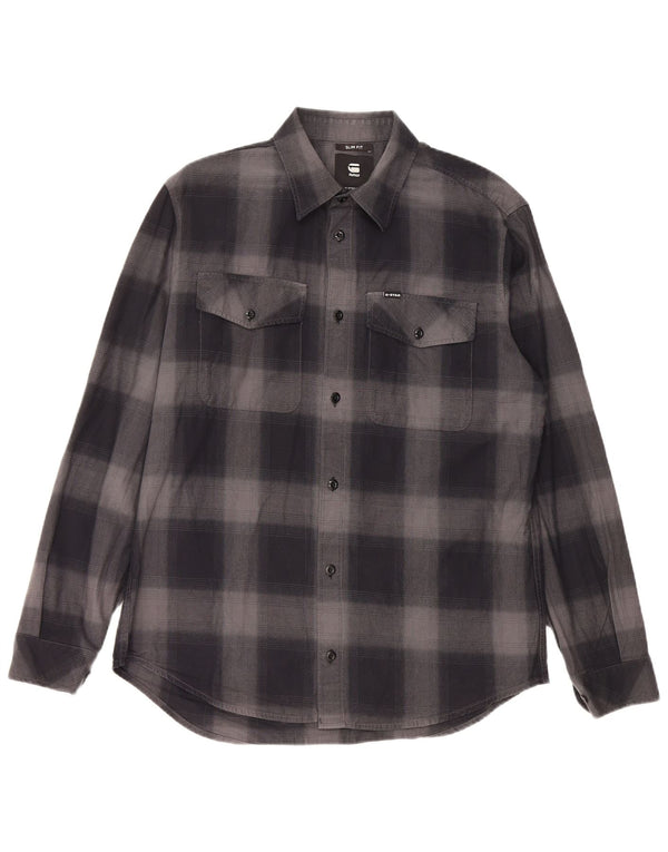 G-Star Mens Slim Fit Flannel Shirt Large Navy Blue Plaid Cotton
