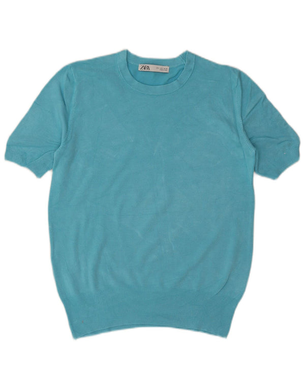 Damski sweter Zara z krótkim rękawem i okrągłym dekoltem UK 14, duży niebieski