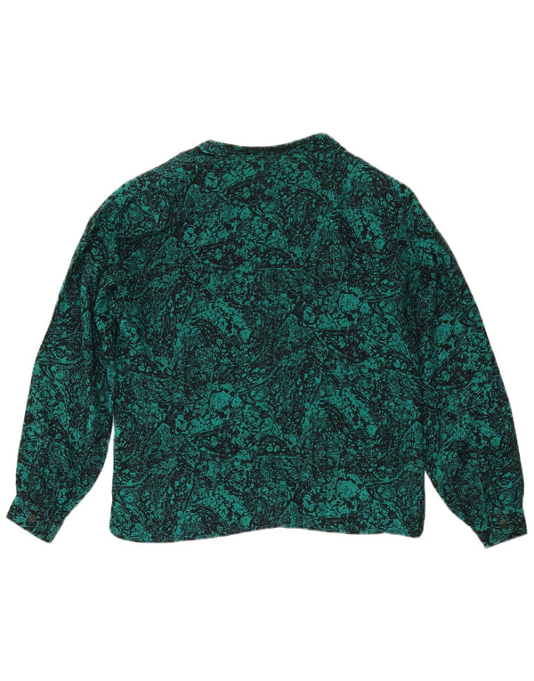 Vintage damska bluzka koszulowa w abstrakcyjny wzór UK 16, duża, zielona jedwabna