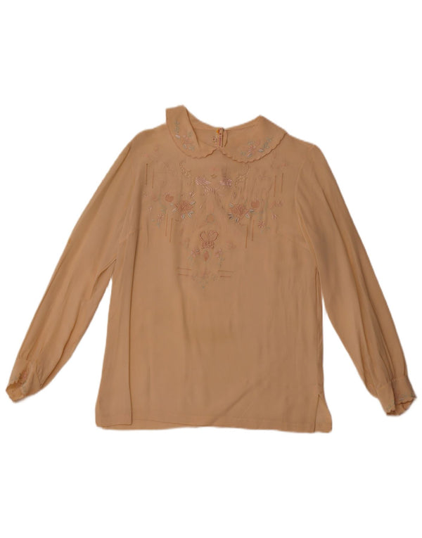 Damska bluzka koszulowa z długim rękawem VINTAGE EU 36 Mała beżowa z kwiatowym jedwabiem
