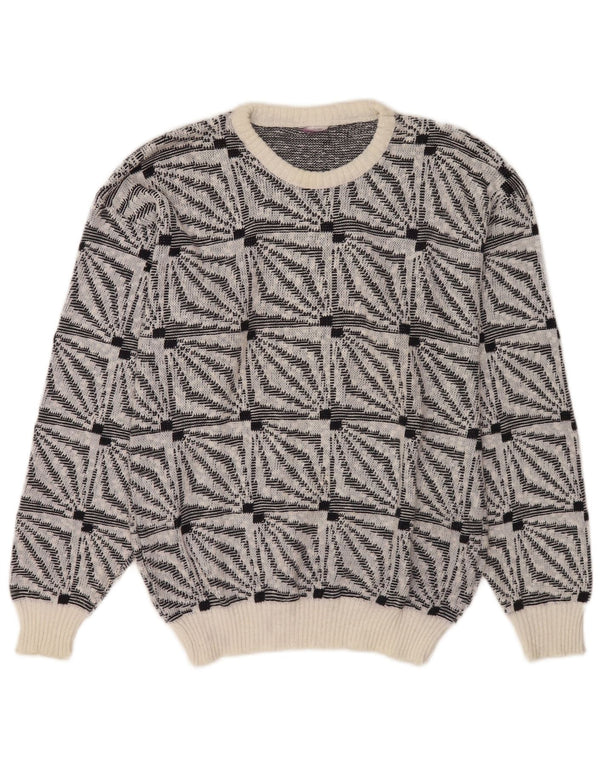 Vintage męski sweter z okrągłym dekoltem, średni biały geometryczny