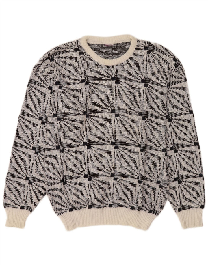 Vintage męski sweter z okrągłym dekoltem, średni biały geometryczny