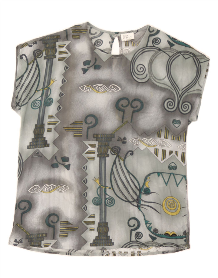 VINTAGE Womens Abstract Pattern Blouse Top UK 14 Large Grey Cotton Vintage Vintage and Second-Hand Vintage from Messina Hembry 
