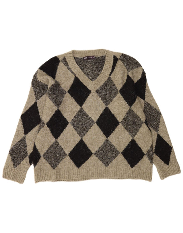 Marks & Spencer Męski sweter z dekoltem w kształcie litery V, średni khaki Argyle/diament