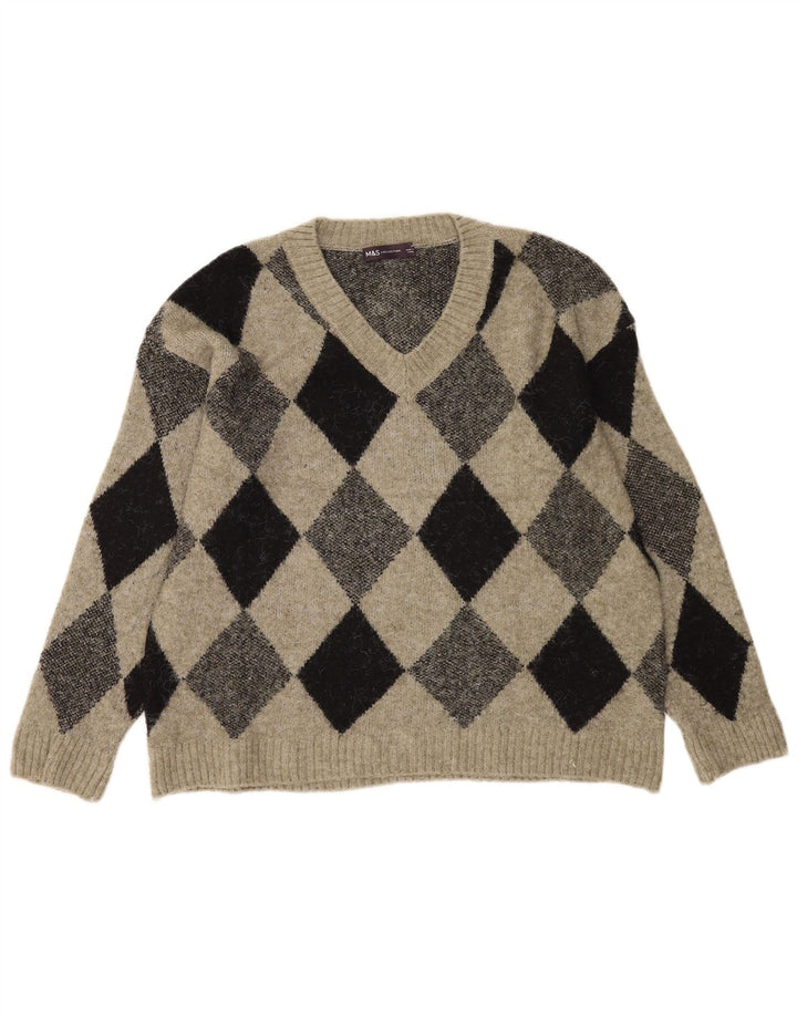 Marks & Spencer Męski sweter z dekoltem w kształcie litery V, średni khaki Argyle/diament