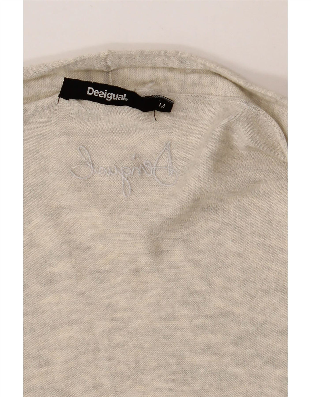 DESIGUAL Womens Graphic V-Neck Jumper Sweater UK 12 Medium Grey Polyamide Vintage Desigual and Second-Hand Desigual from Messina Hembry 