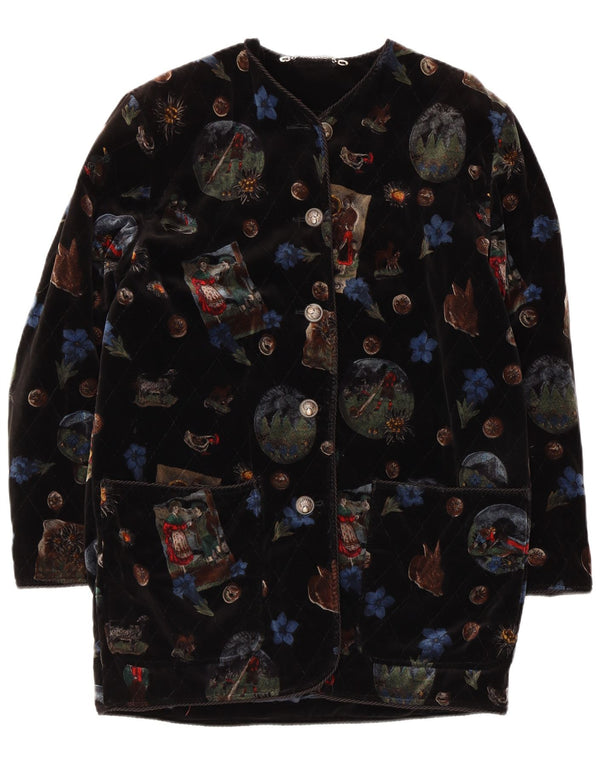 Vintage damski graficzny aksamitny płaszcz UK 12, średni czarny kwiatowy