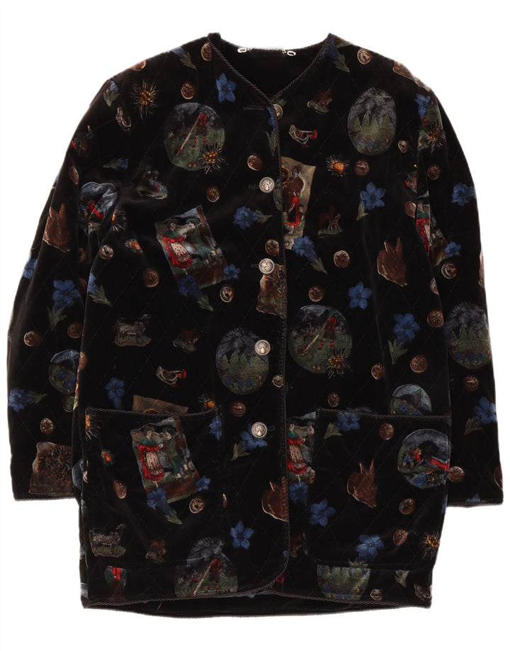 Vintage damski graficzny aksamitny płaszcz UK 12, średni czarny kwiatowy