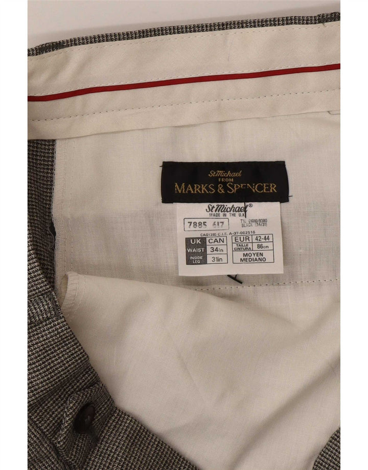 Marks & Spencer Męskie spodnie codzienne W34 L31 Czarna wełniana pepitka