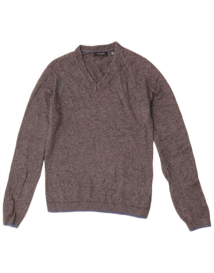 Męski sweter Ted Baker z dekoltem w kształcie litery V, rozmiar 2, mały, szary, wełniany