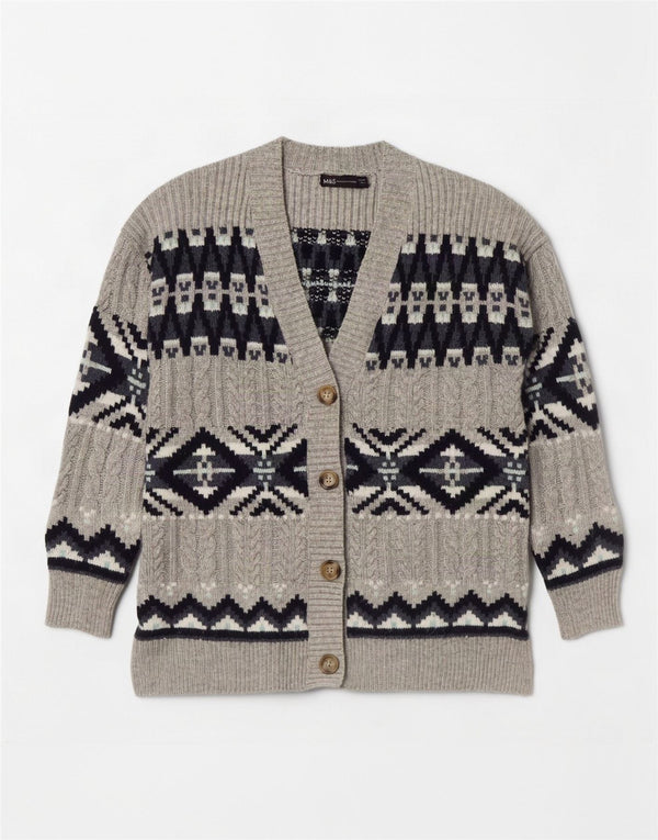 Marks & Spencer Damski sweter rozpinany UK 14 Średni szary Fair Isle