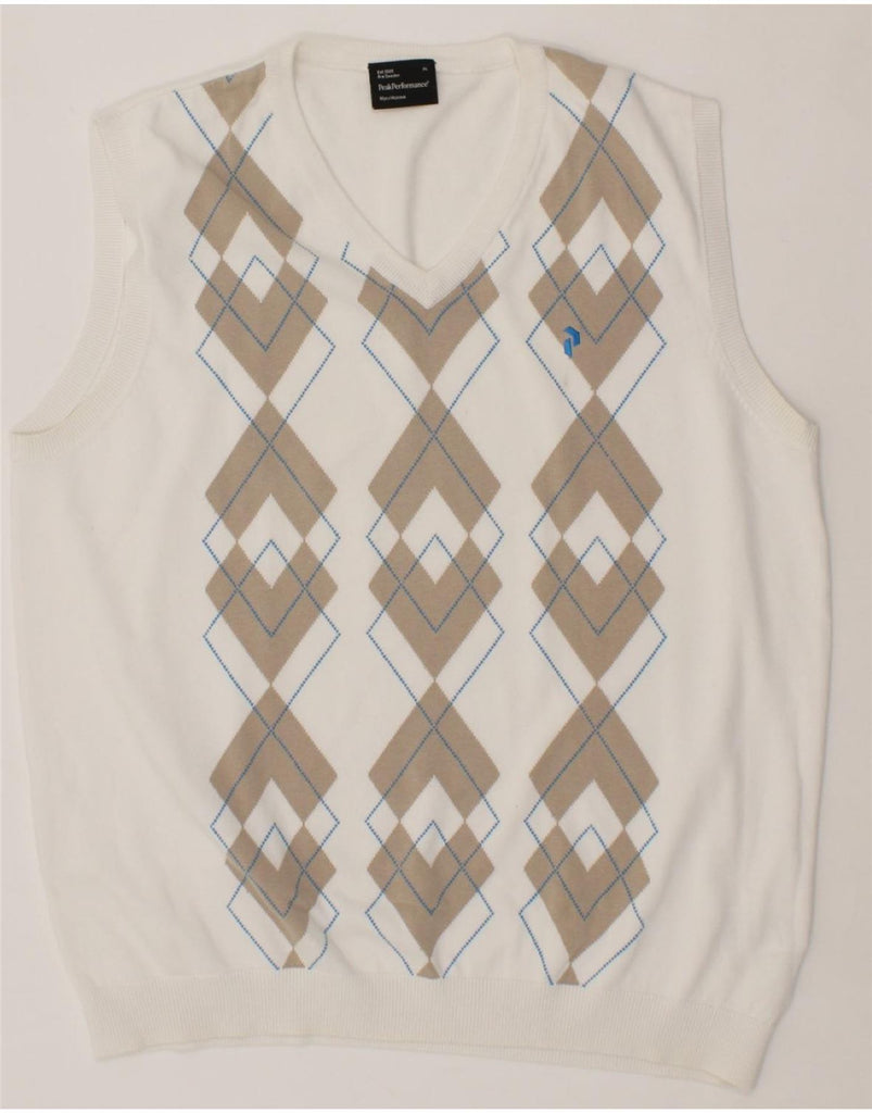 PEAK PERFORMANCE Mens Vest Tank Top XL White Argyle/Diamond Cotton Vintage Peak Performance and Second-Hand Peak Performance from Messina Hembry 