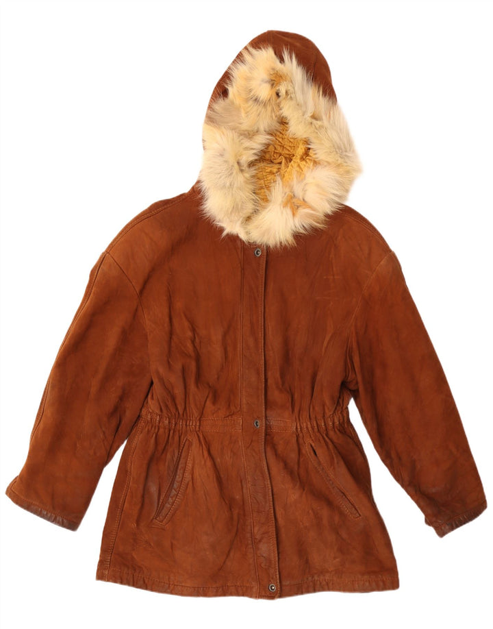 Zamszowa kurtka parka damska z kapturem w stylu vintage IT 42 Średni brąz