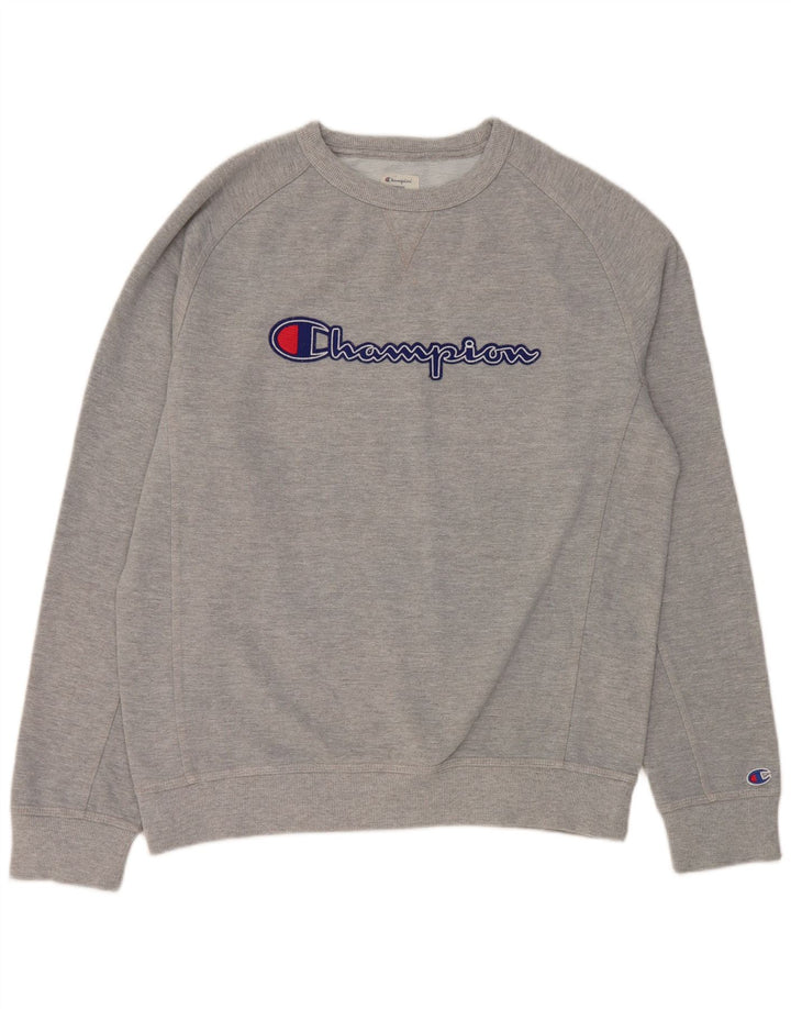 Męski sweter z grafiką Champion, duży, szary, bawełniany