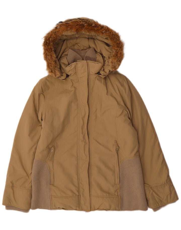 Damska ocieplana kurtka z kapturem Woolrich UK 16, duża, beżowa, poliester