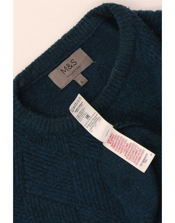 Marks & Spencer Męski sweter z okrągłym dekoltem, duży, turkusowy akryl