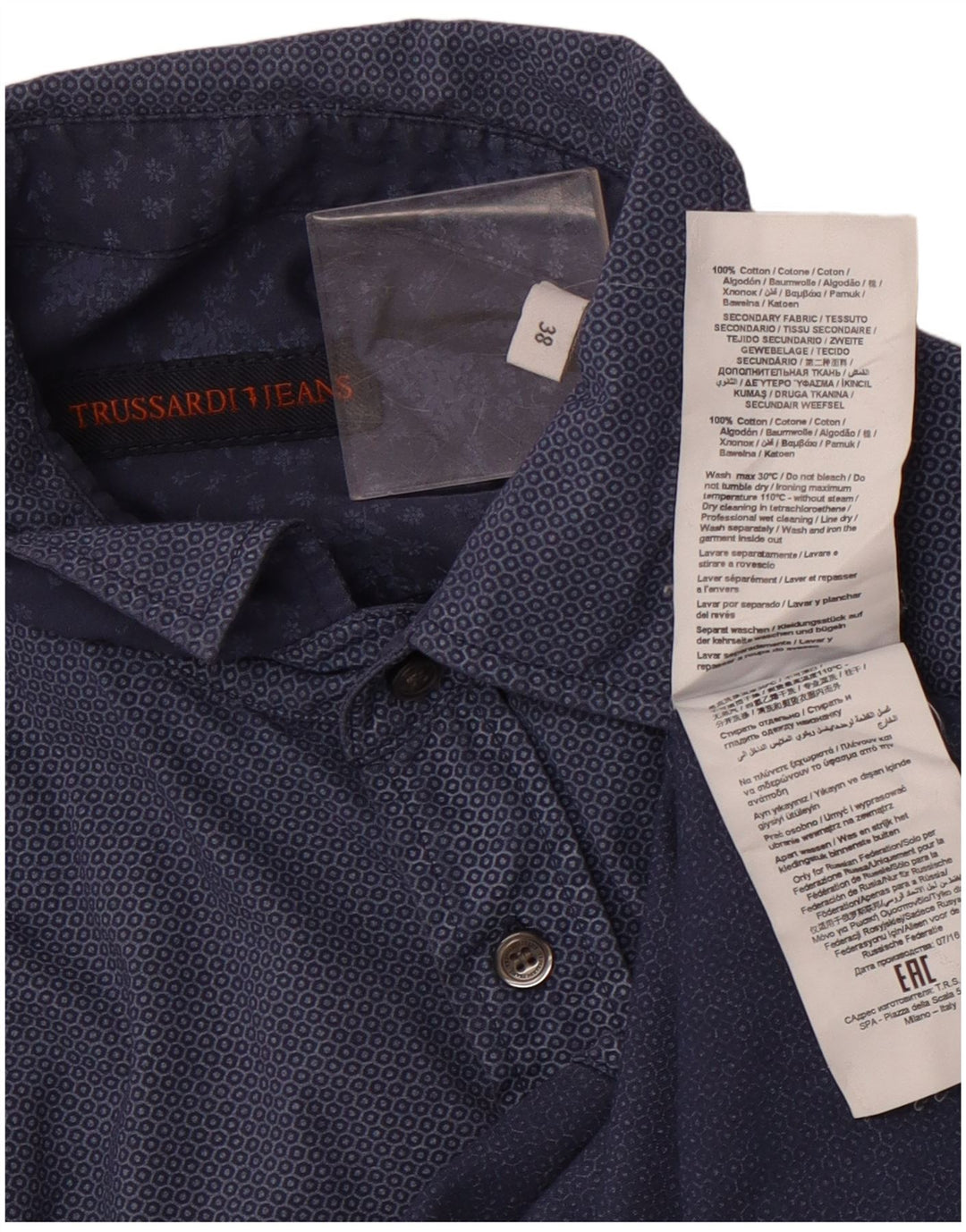 Koszula męska TRUSSARDI JEANS, rozmiar 38, średnia, granatowa, geometryczna bawełna