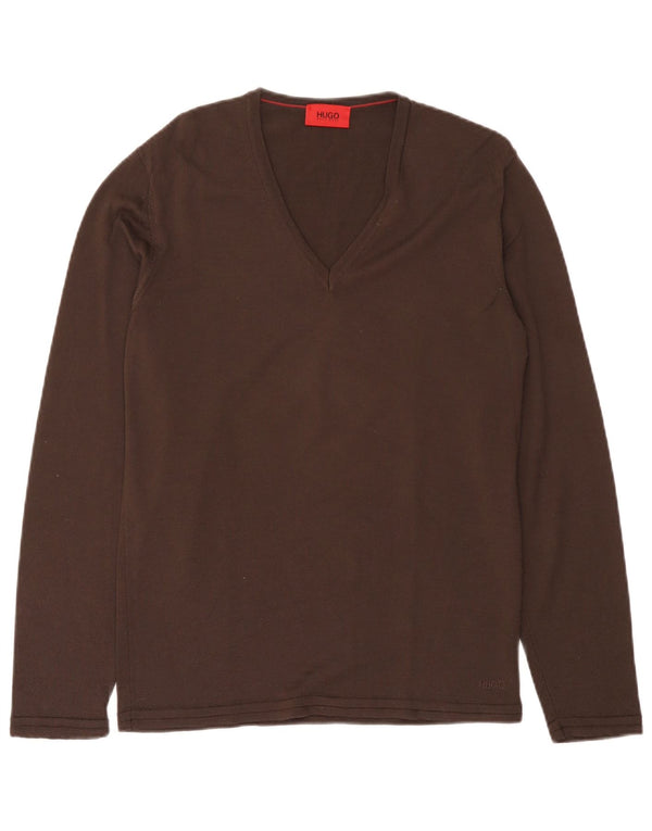 Sweter damski Hugo Boss z dekoltem w kształcie litery V, UK 14, duży, brązowy, z dziewiczej wełny