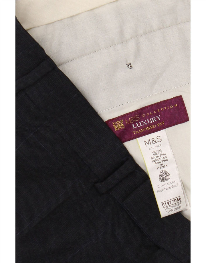 Marks & Spencer Męskie proste spodnie garniturowe W38 L29 Wełniana granatowa krata