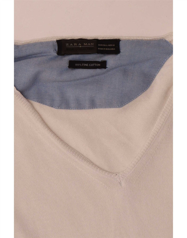 Męski sweter Zara z dekoltem w kształcie litery V, duży, biały, bawełniany