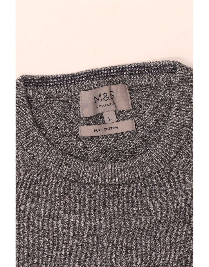 Marks & Spencer Męski sweter z okrągłym dekoltem, duży, szary, bawełniany w plamki
