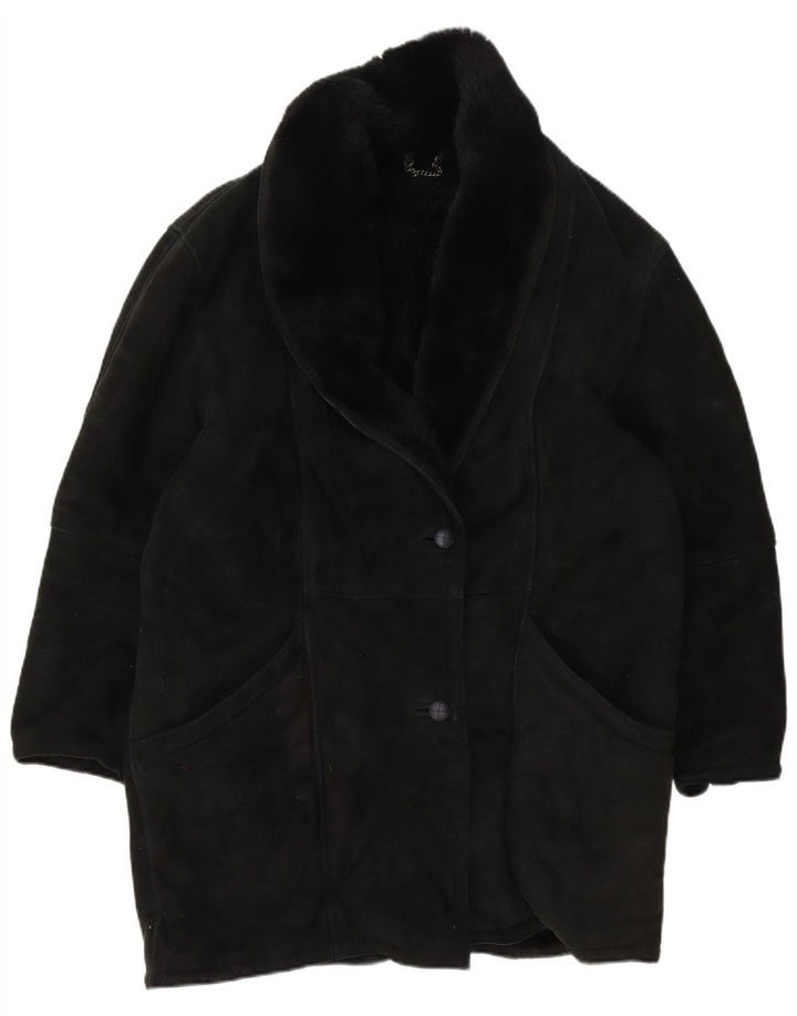Vintage damski płaszcz oversize z owczej skóry IT 46, duży czarny shearling