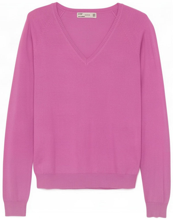 Damski sweter Zara z dekoltem w kształcie litery V, UK 18 XL, fioletowy, bawełniany