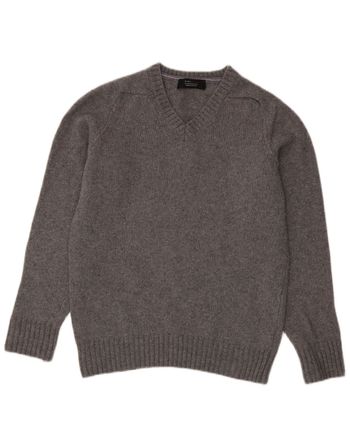 Męski sweter Zara z dekoltem w kształcie litery V, średnioszary, wełniany