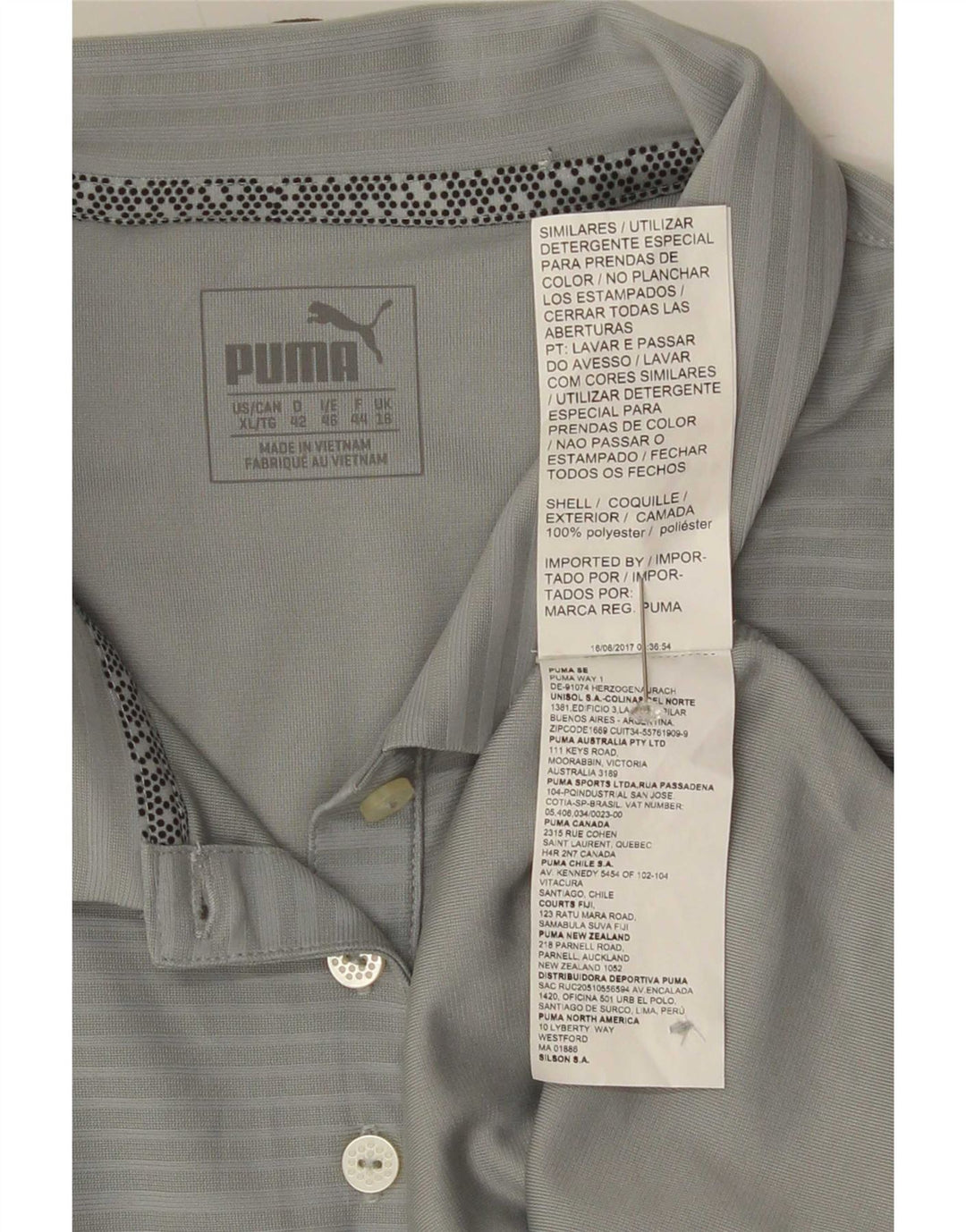 Damska koszulka polo Puma UK 16, duża, szara, poliestrowa w prążki