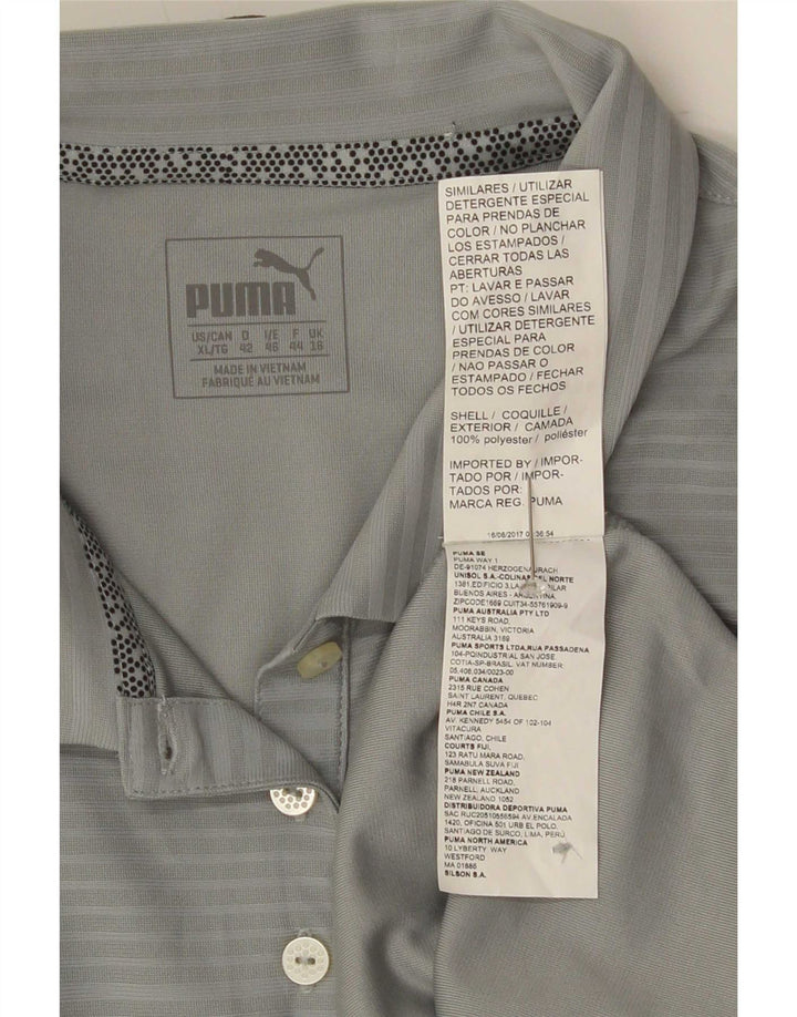 Damska koszulka polo Puma UK 16, duża, szara, poliestrowa w prążki