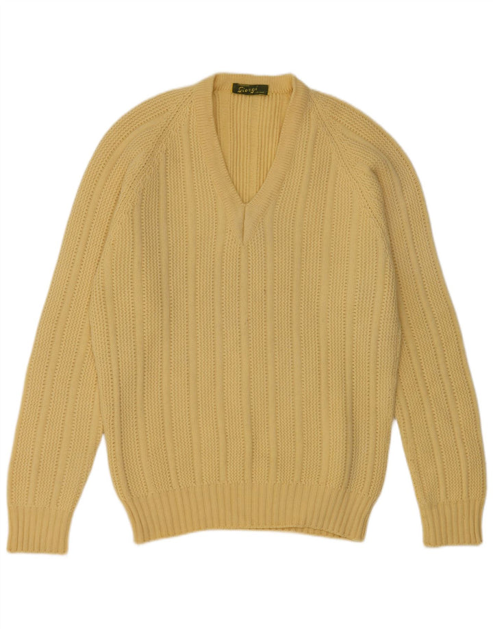 Sweter męski w stylu vintage z dekoltem w kształcie litery V, średnio żółty