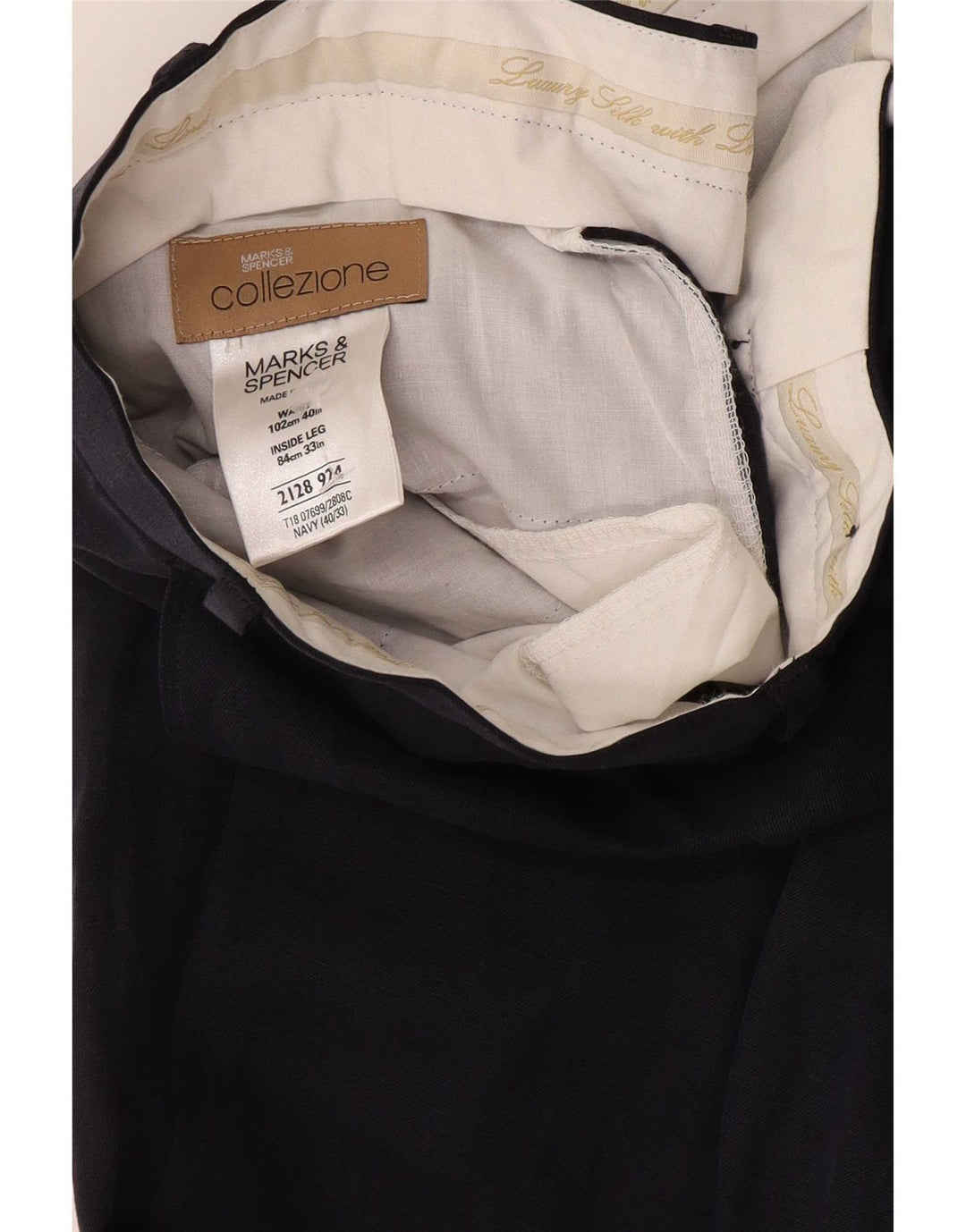 Marks & Spencer Męskie spodnie garniturowe W40 L33 Granatowy jedwab