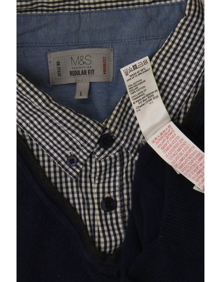 MARKS & SPENCER Męski sweter z dekoltem w kształcie litery V, w dużą granatową kratkę