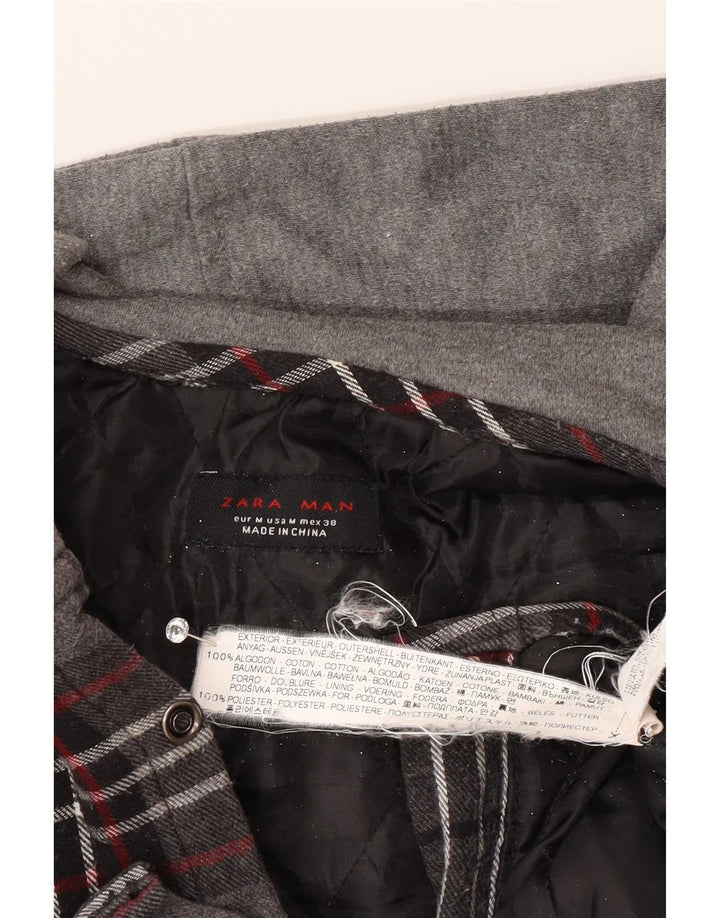 Męska koszula flanelowa Zara z kapturem, drwalem, w średnią szarą kratę, bawełniana