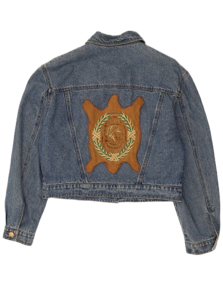 Damska kurtka dżinsowa Roccobarocco z grafiką Crop UK 14 w kolorze średnioniebieskim