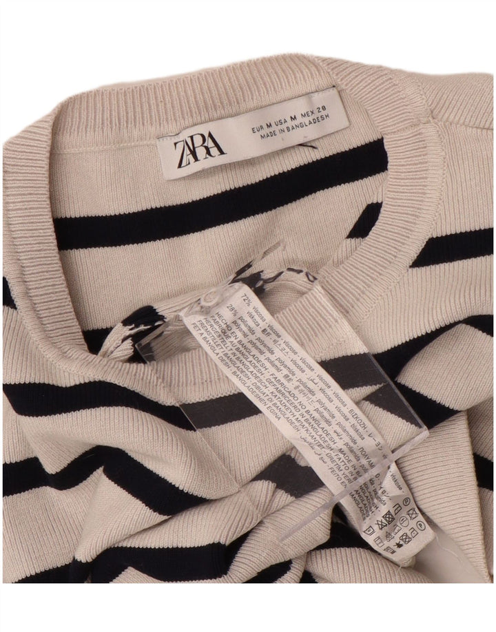ZARA Womens Knit Crop Top UK 12 Medium Beige Striped Viscose