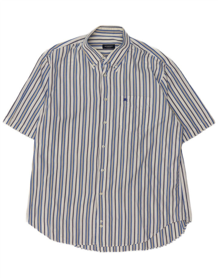 Męska koszula z krótkim rękawem Burberry XL, biała, bawełniana w prążki