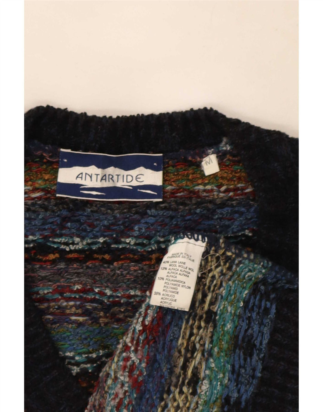Męski sweter w stylu vintage z dekoltem w szpic, średniej wielobarwnej geometrycznej wełny