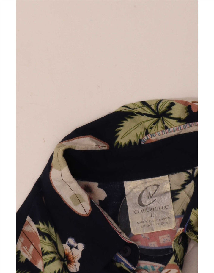 Męska koszula z krótkim rękawem w stylu vintage, abstrakcyjny, duży granatowy sztuczny jedwab